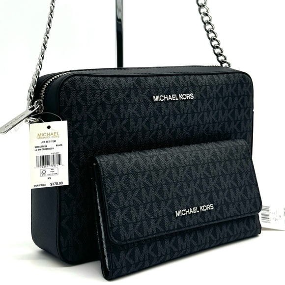 Michael Kors Large Jet Set Item EW Crossbody Bag & Large Trifold Wallet Black - Picture 1 of 11
